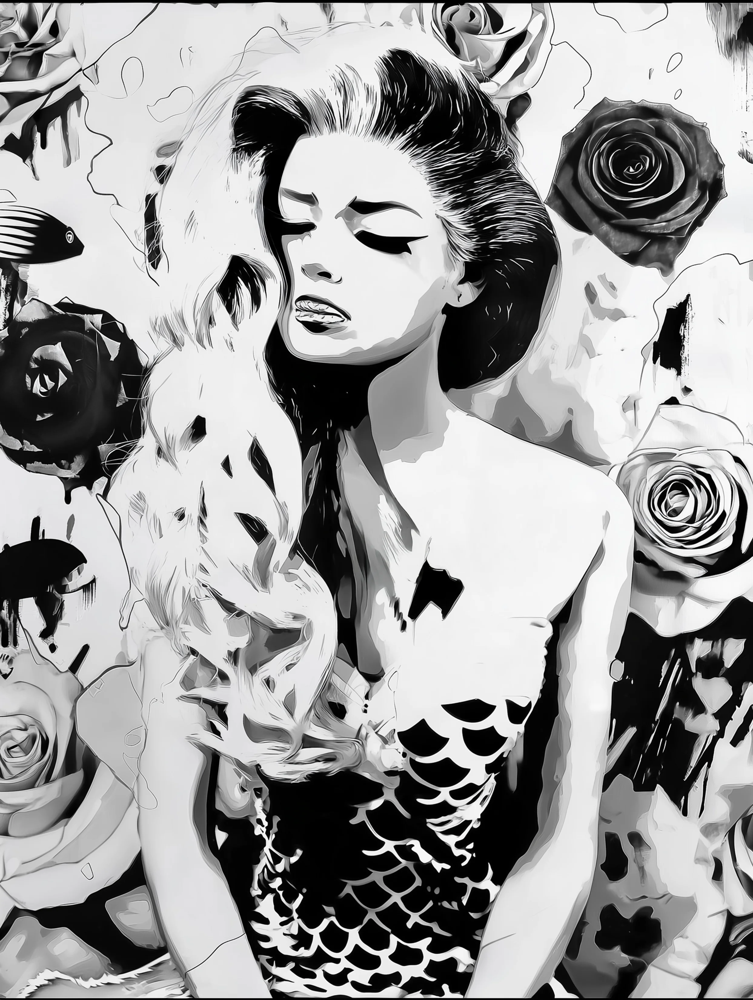 Free printable mermaid coloring page for adults featuring flowing hair mermaid